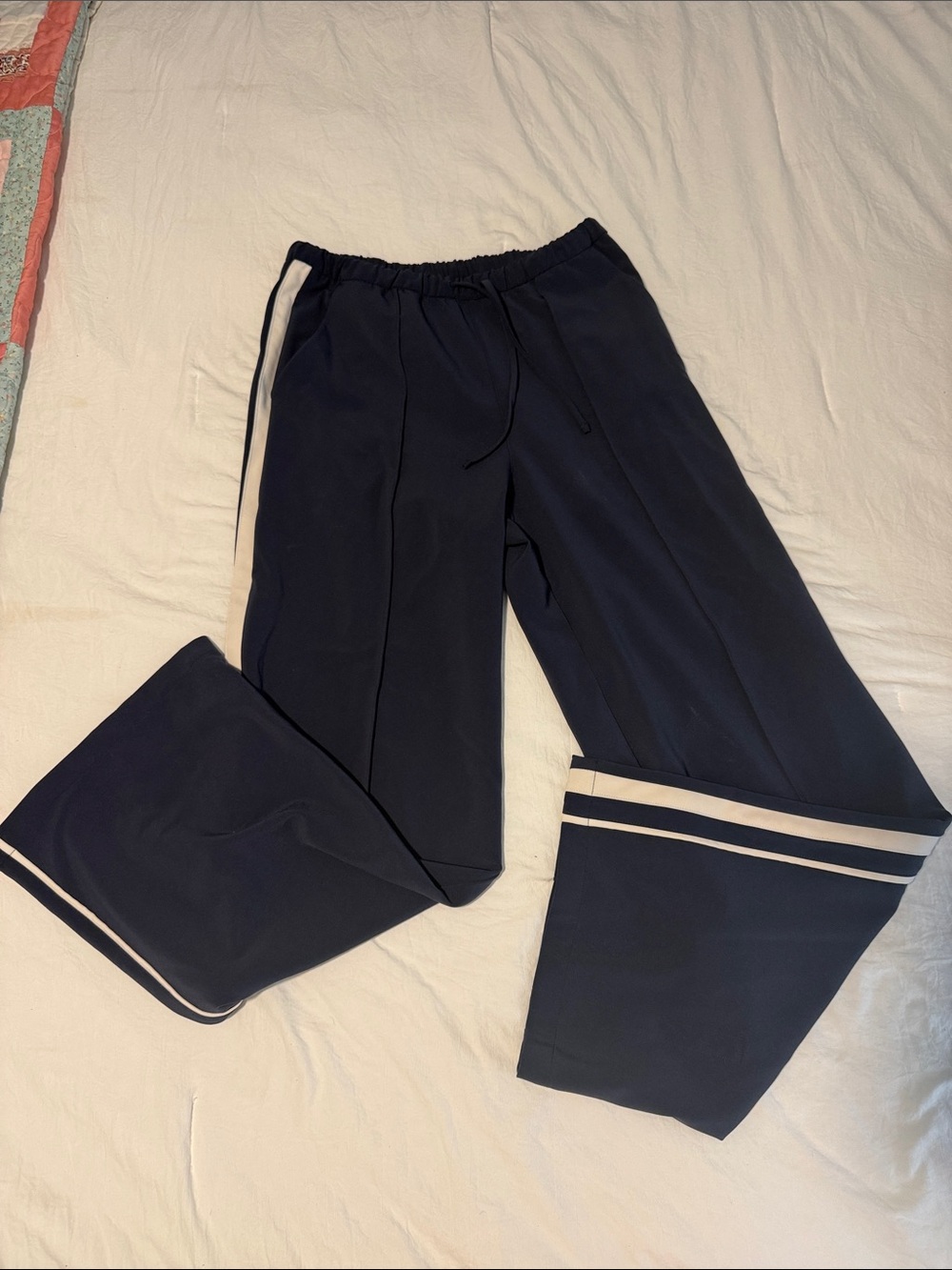 Athleta Women’s Navy Track Pants with Cream Stripe Size SP